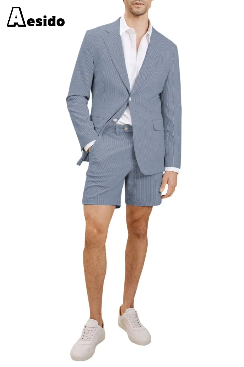 Summer Seersucker Casual Men's Suit (Blazer Shorts)