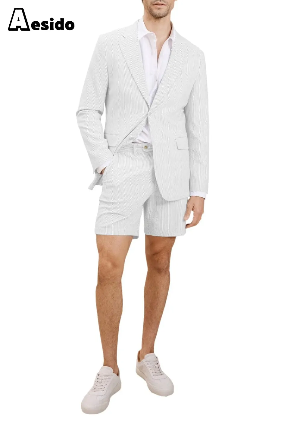 Summer Seersucker Casual Men's Suit (Blazer Shorts)