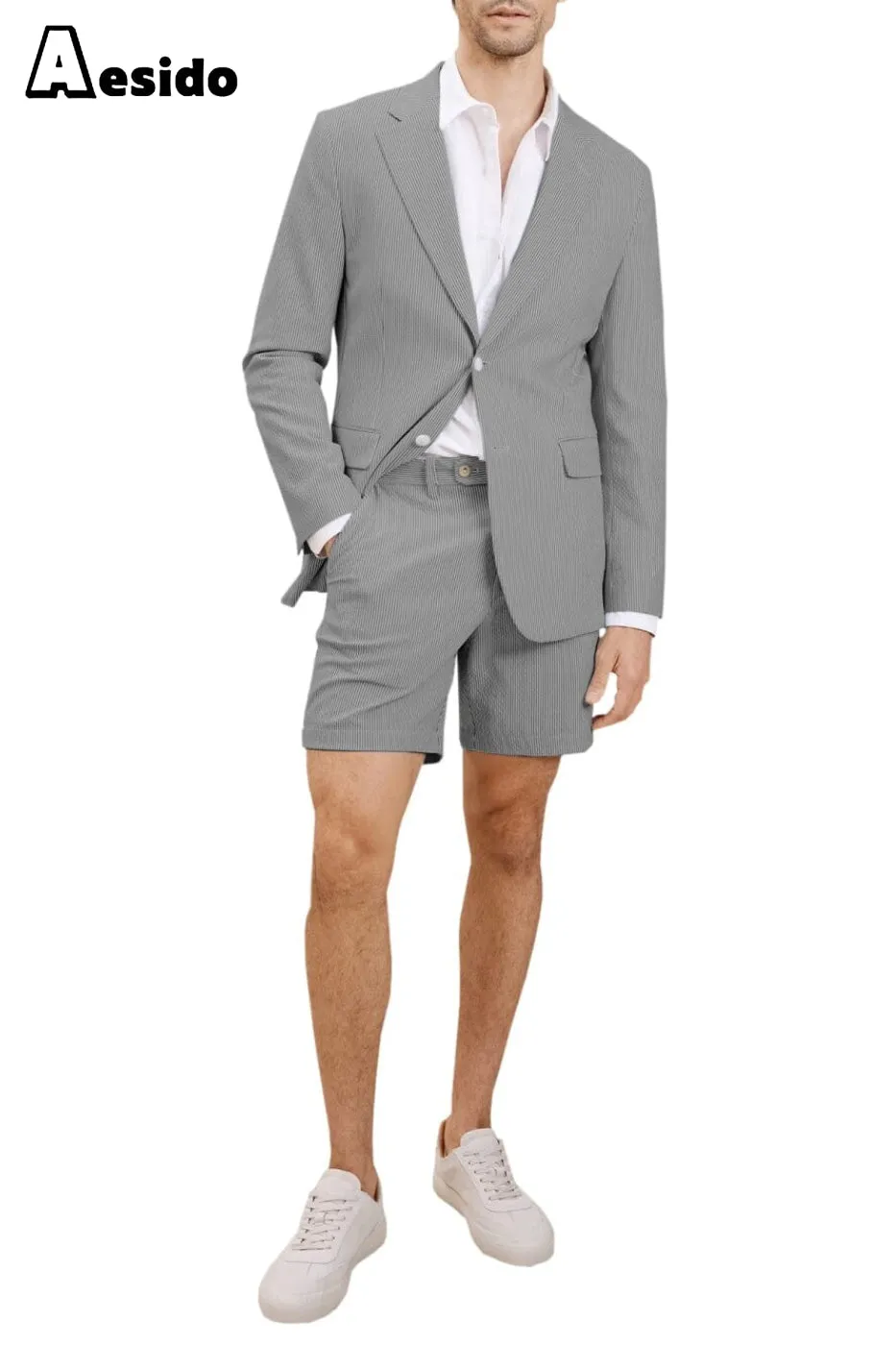 Summer Seersucker Casual Men's Suit (Blazer Shorts)