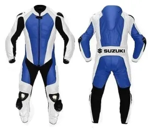 SUZUKI MEN BLUE/WHITE MOTORCYCLE LEATHER RACING SUIT