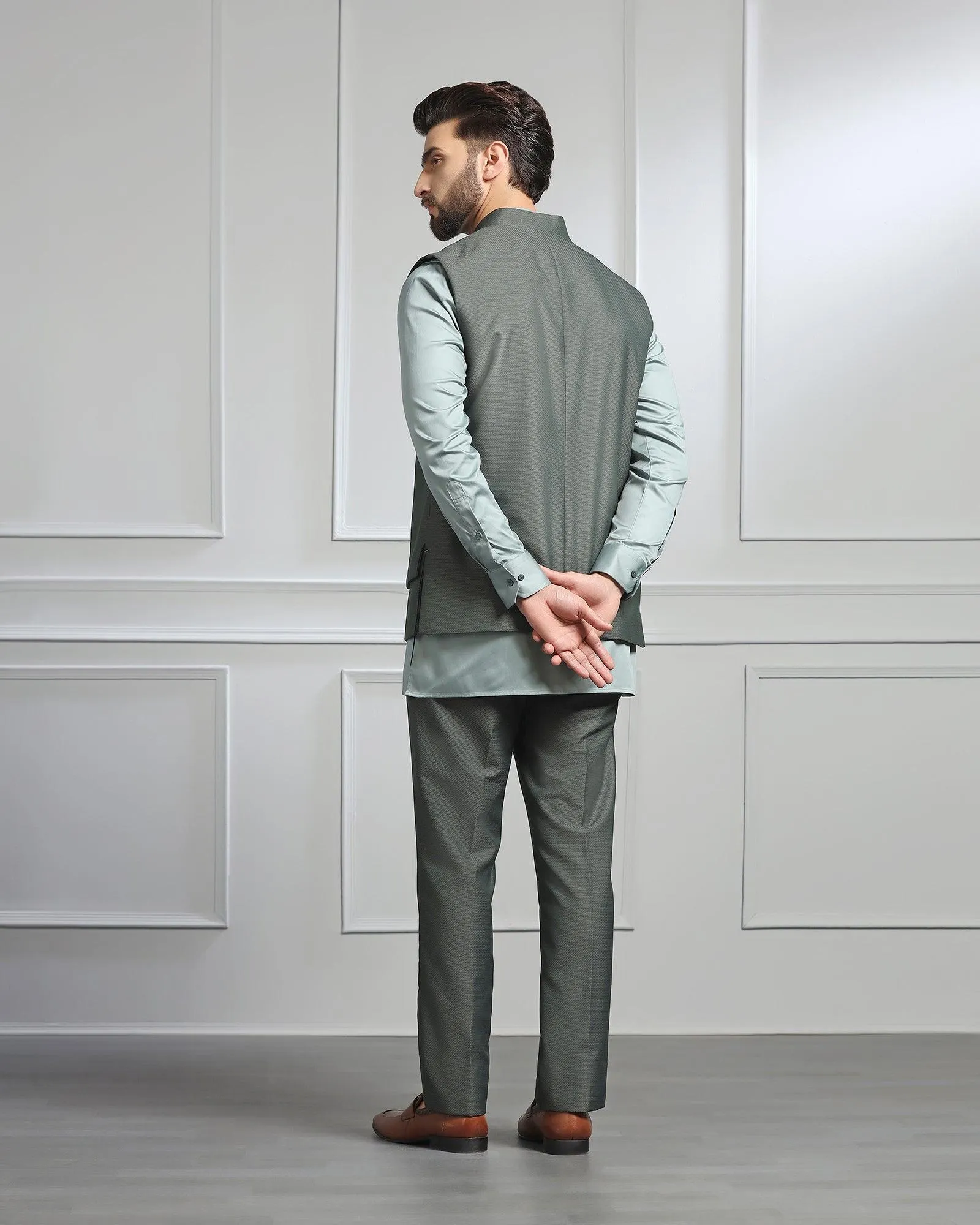 Swarn Two Piece Dark Green Textured Achkan Set - Wallhala