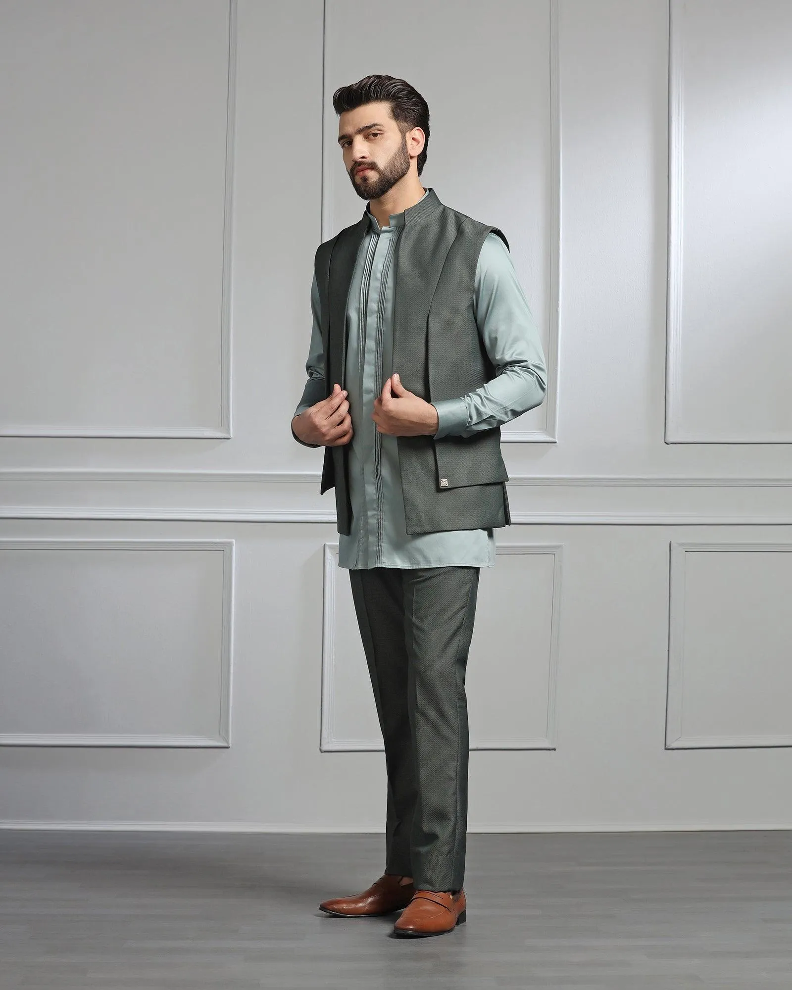 Swarn Two Piece Dark Green Textured Achkan Set - Wallhala