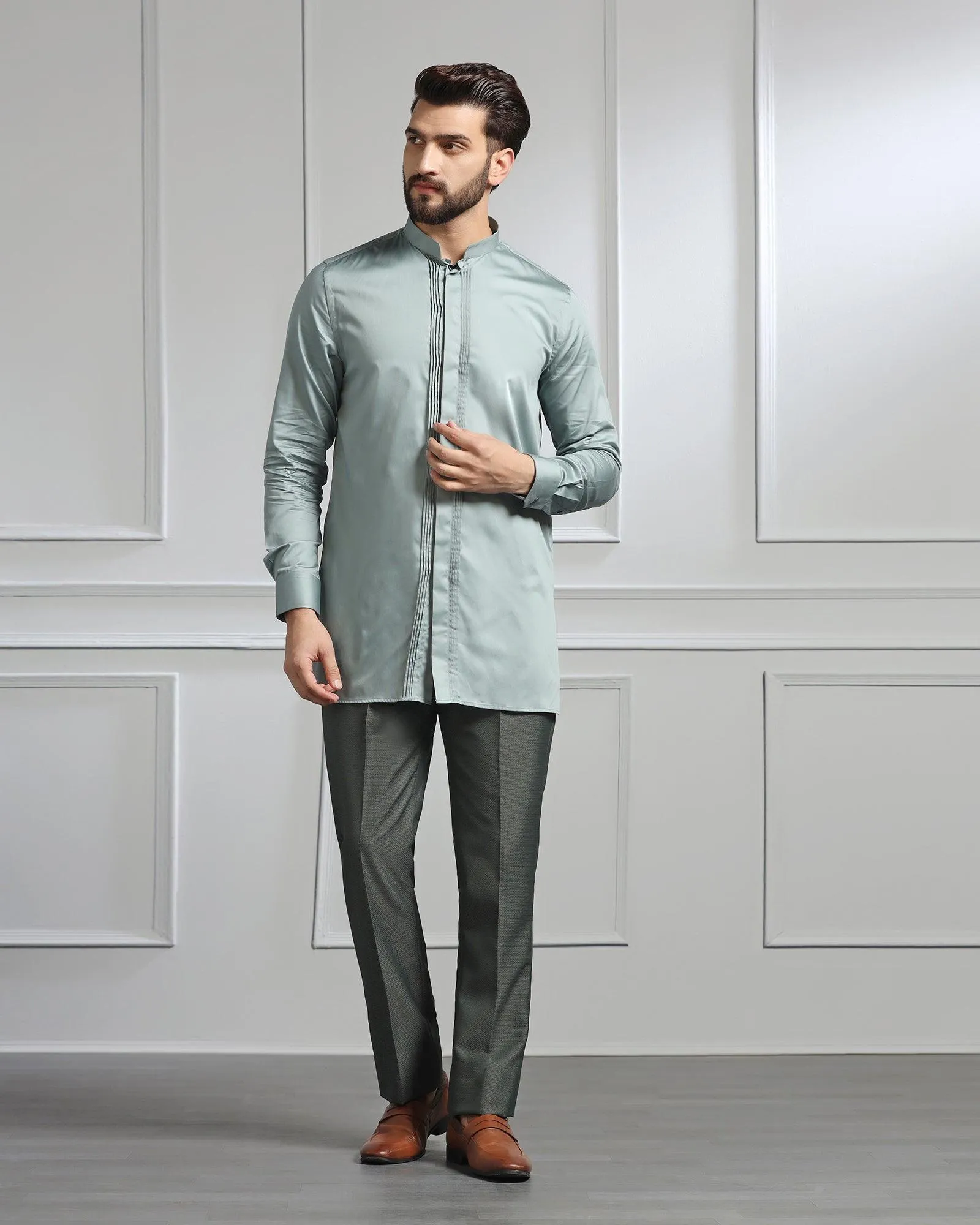 Swarn Two Piece Dark Green Textured Achkan Set - Wallhala