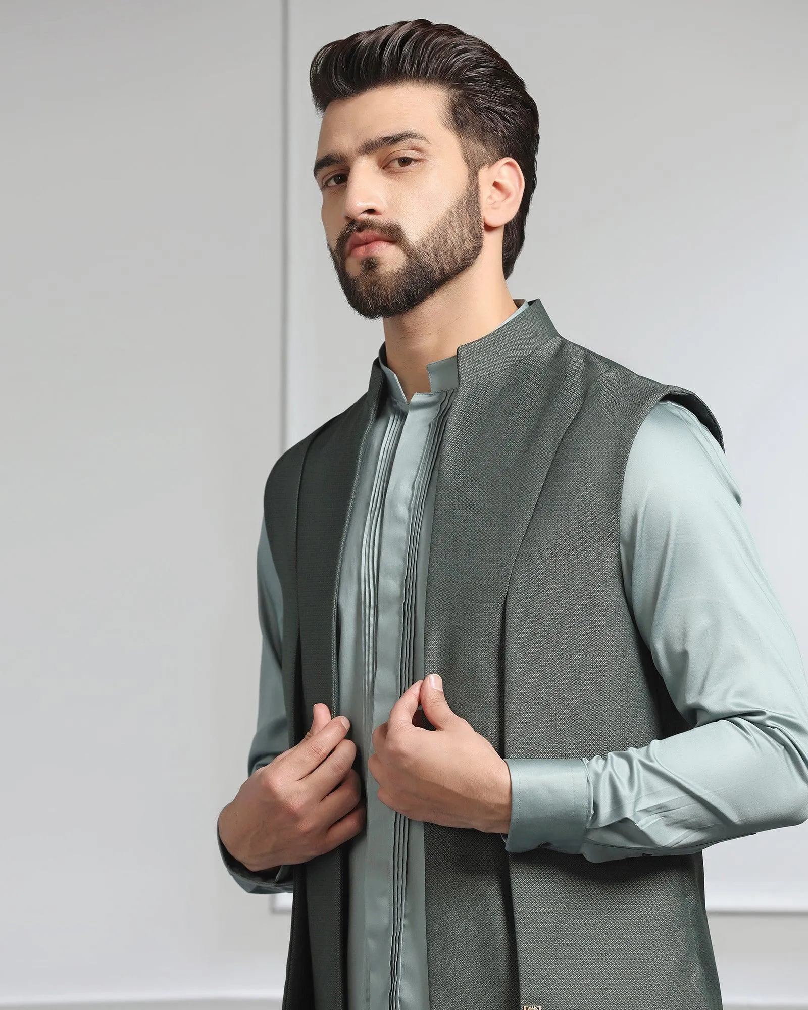 Swarn Two Piece Dark Green Textured Achkan Set - Wallhala