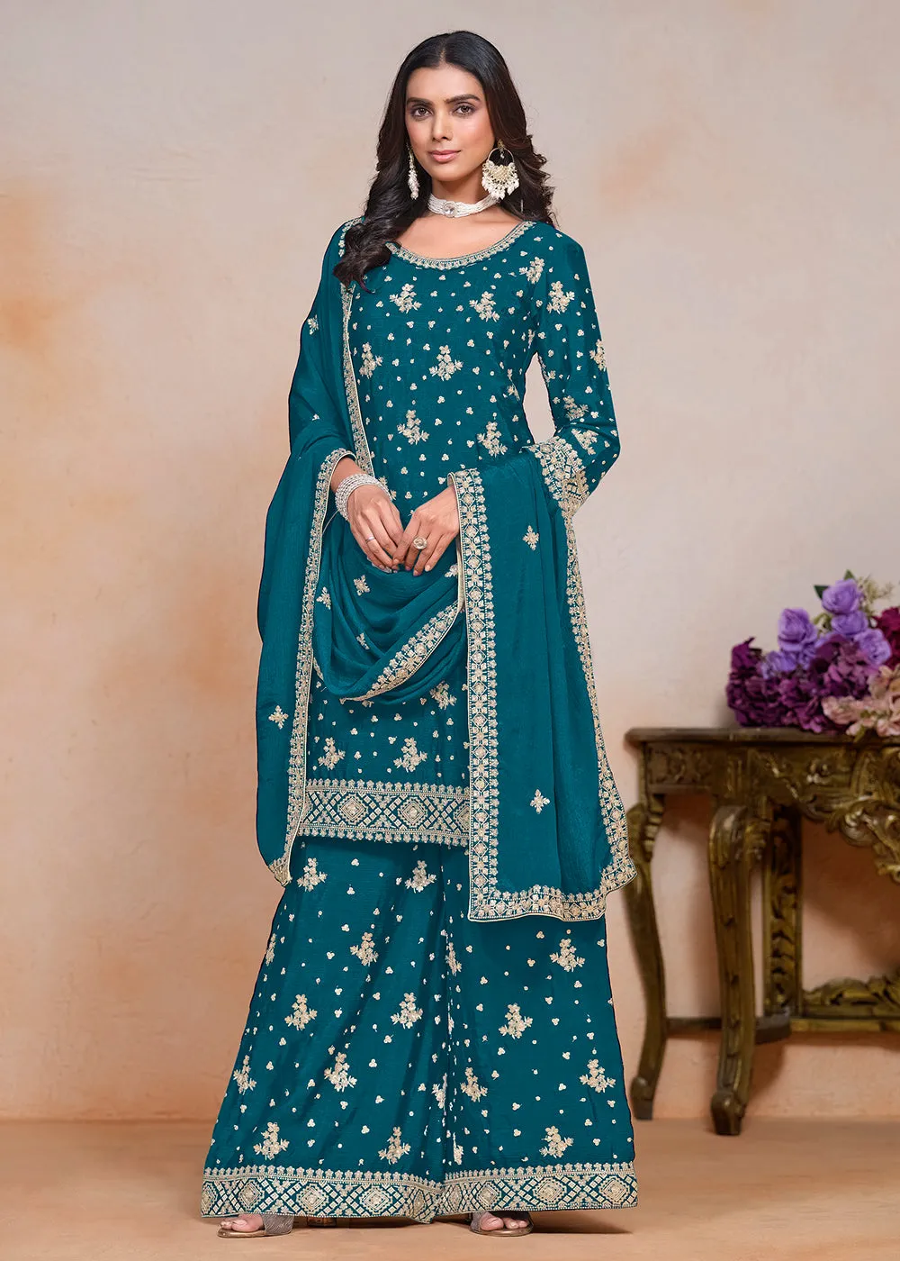 Teal Blue Sequins Embroidered Chinnon Festive Palazzo Suit