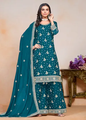 Teal Blue Sequins Embroidered Chinnon Festive Palazzo Suit