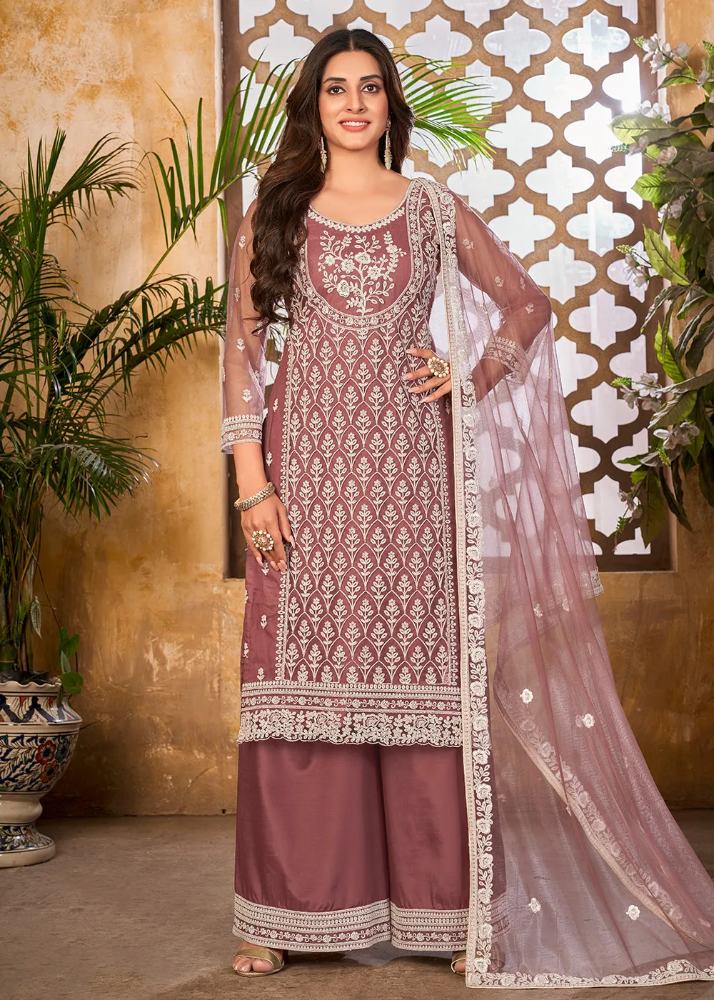 Tempting Pink Wedding Festive Pakistani Style Palazzo Suit