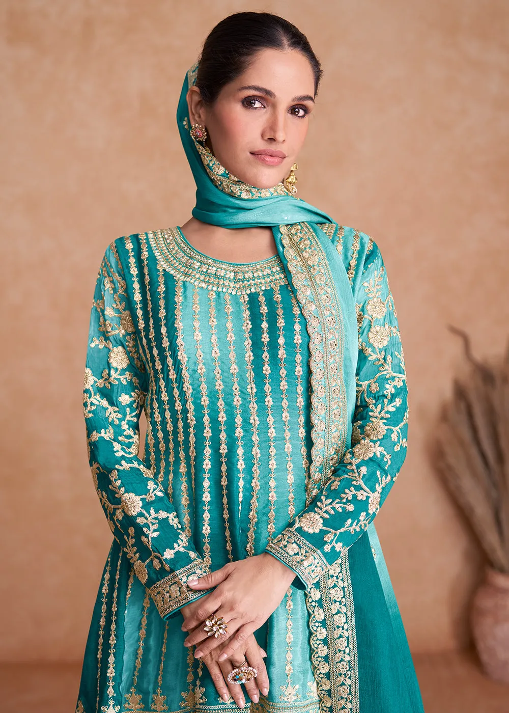 Traditional Aqua Blue Embroidered Wedding & Reception Wear Gharara Suit