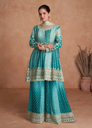 Traditional Aqua Blue Embroidered Wedding & Reception Wear Gharara Suit