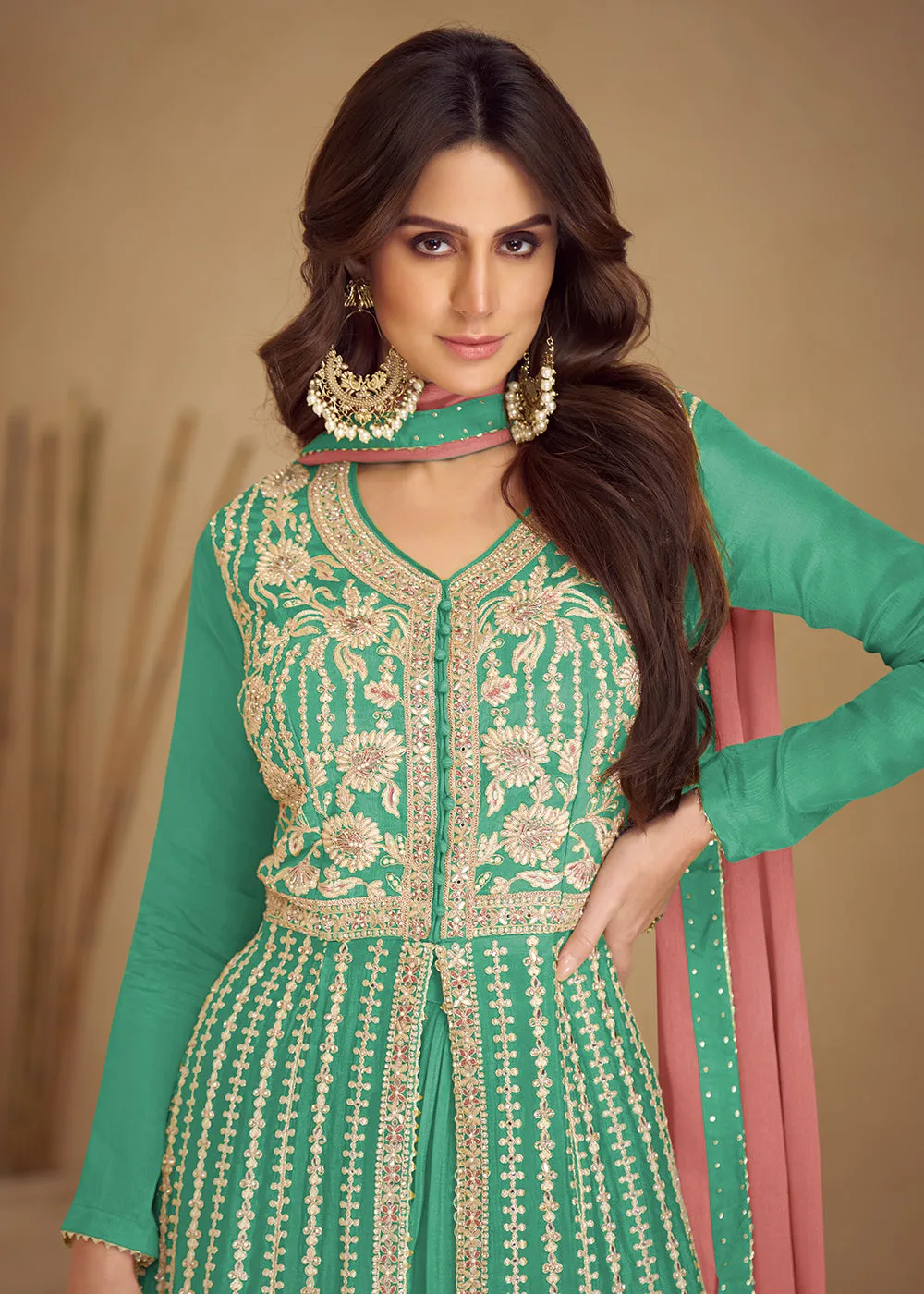 Trendy Green Embroidered Anarkali Style Palazzo Suit