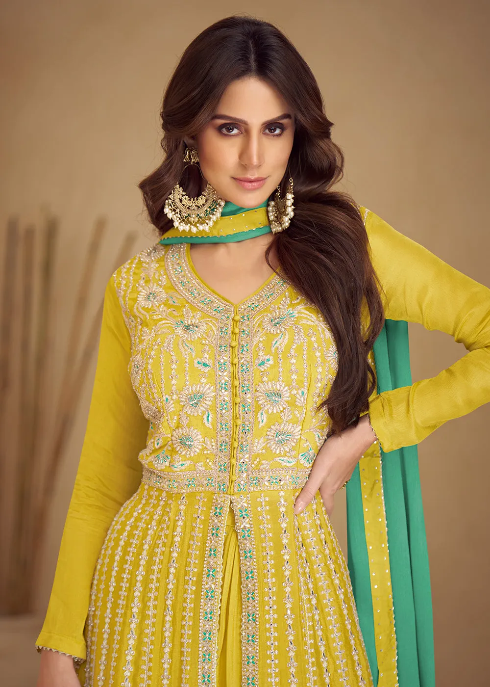 Trendy Yellow Embroidered Anarkali Style Palazzo Suit