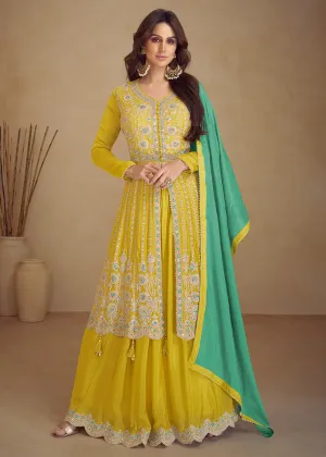 Trendy Yellow Embroidered Anarkali Style Palazzo Suit