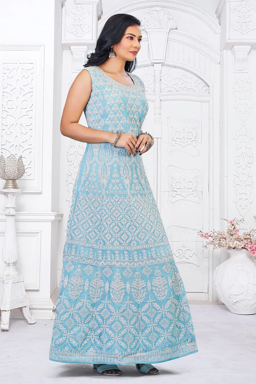 Turquoise Ladies Gown with Churidar and Dupatta