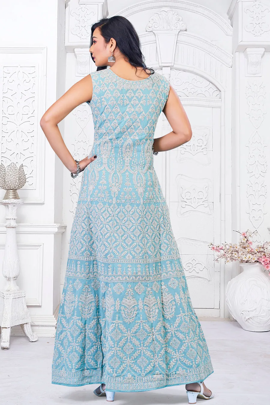 Turquoise Ladies Gown with Churidar and Dupatta