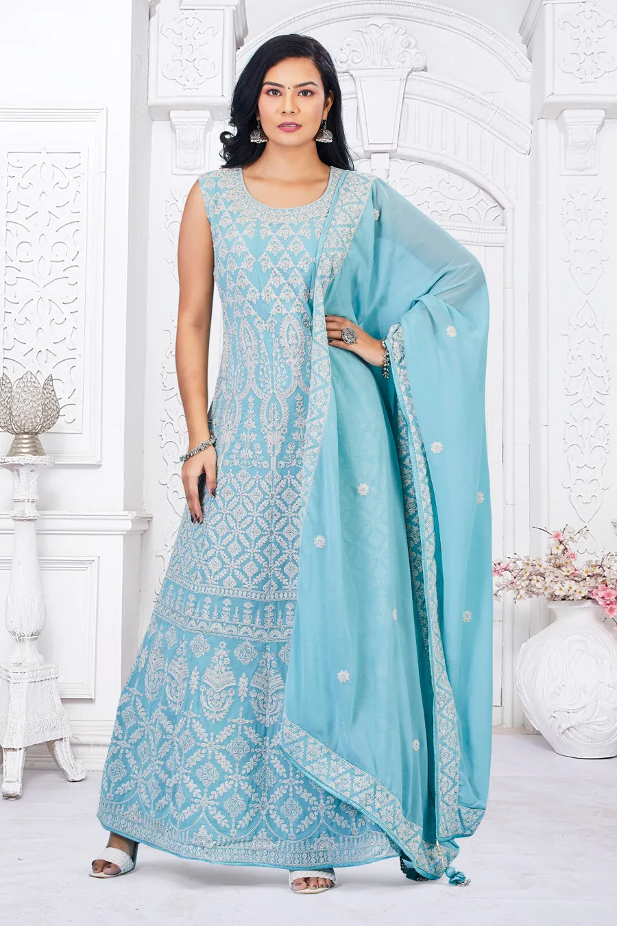 Turquoise Ladies Gown with Churidar and Dupatta