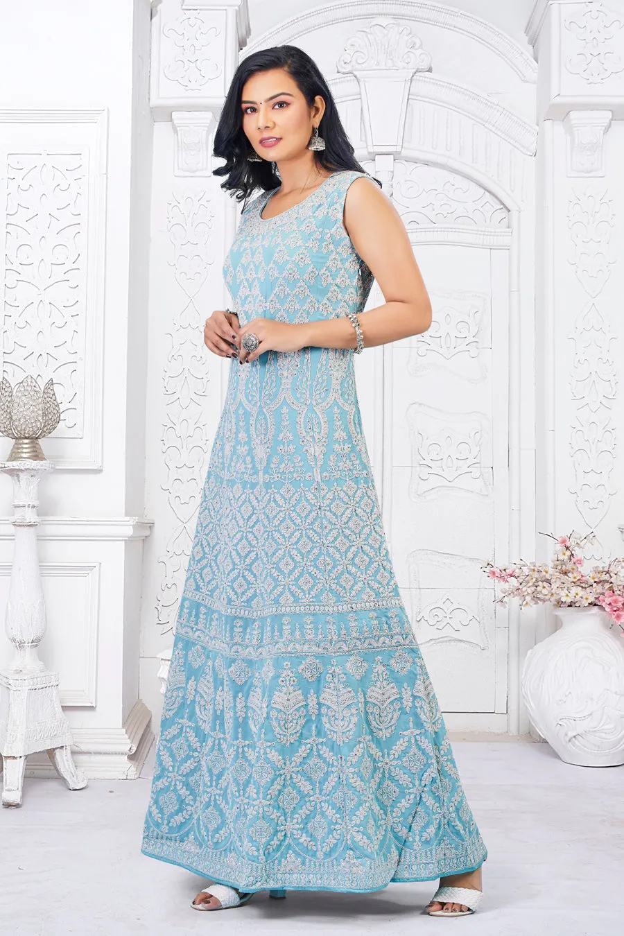 Turquoise Ladies Gown with Churidar and Dupatta