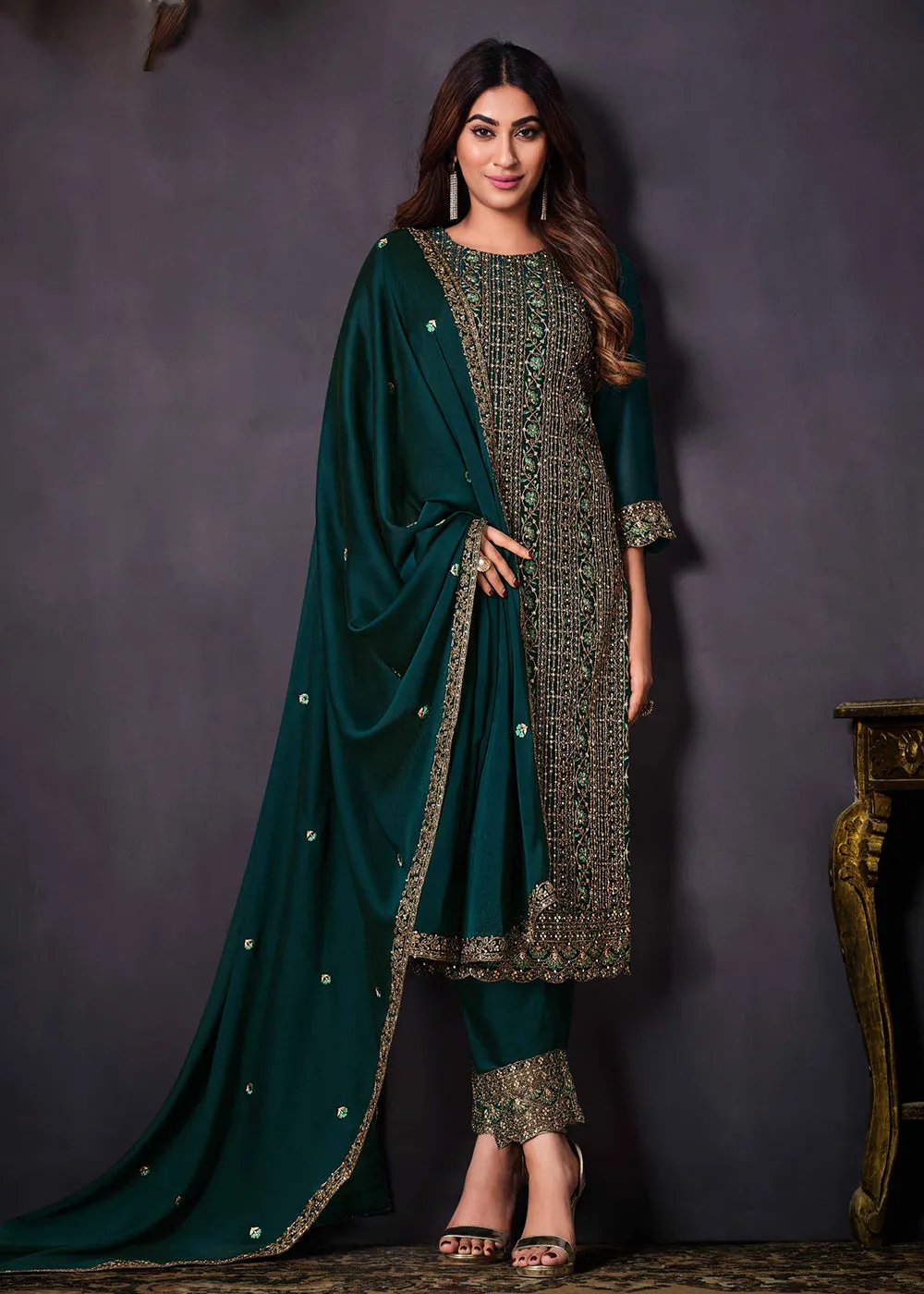 Two Tone Cottonic Georgette Teal Green Function Style Salwar Suit