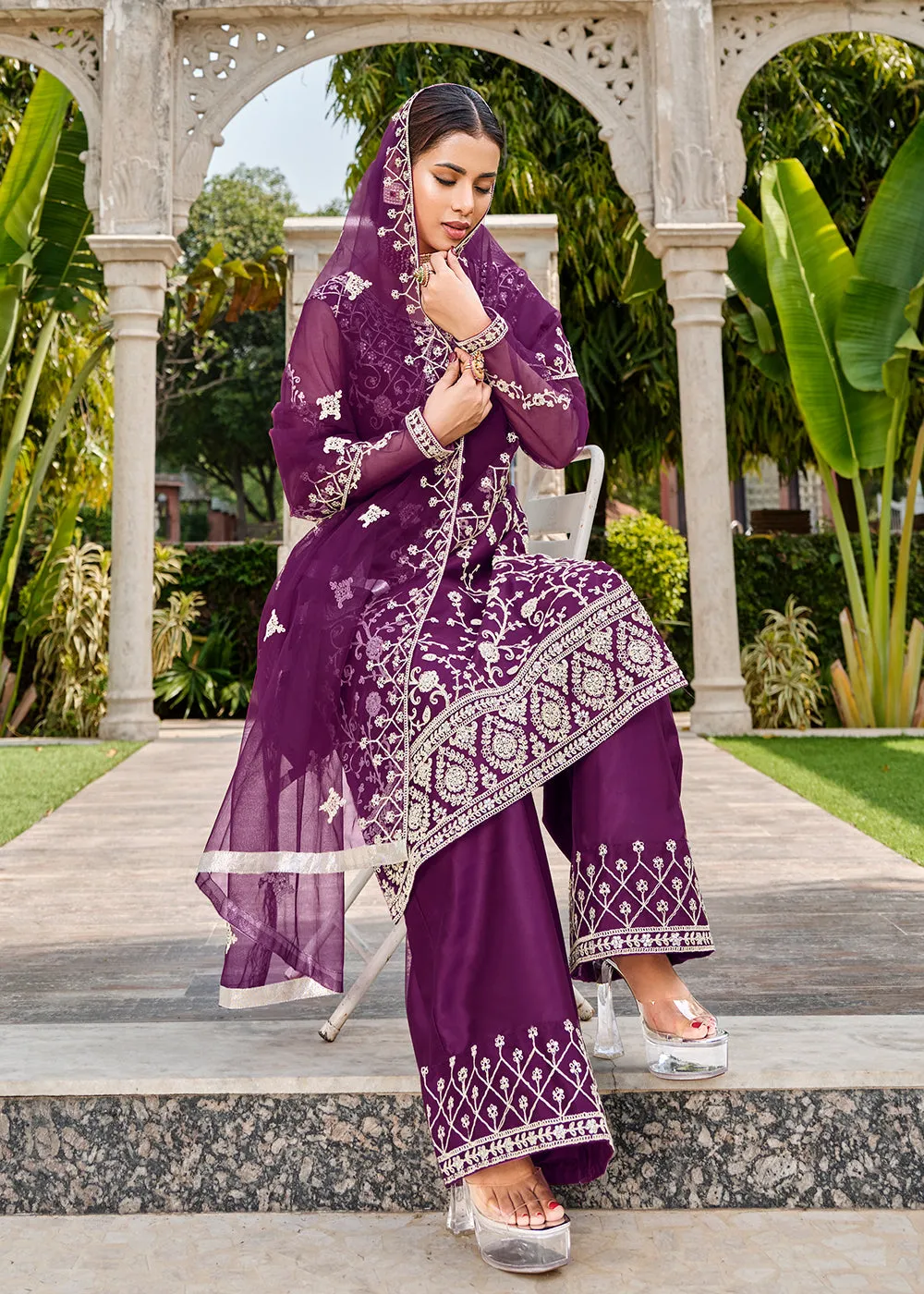 Violet Purple Stone & Cording Work Festive Palazzo Suit