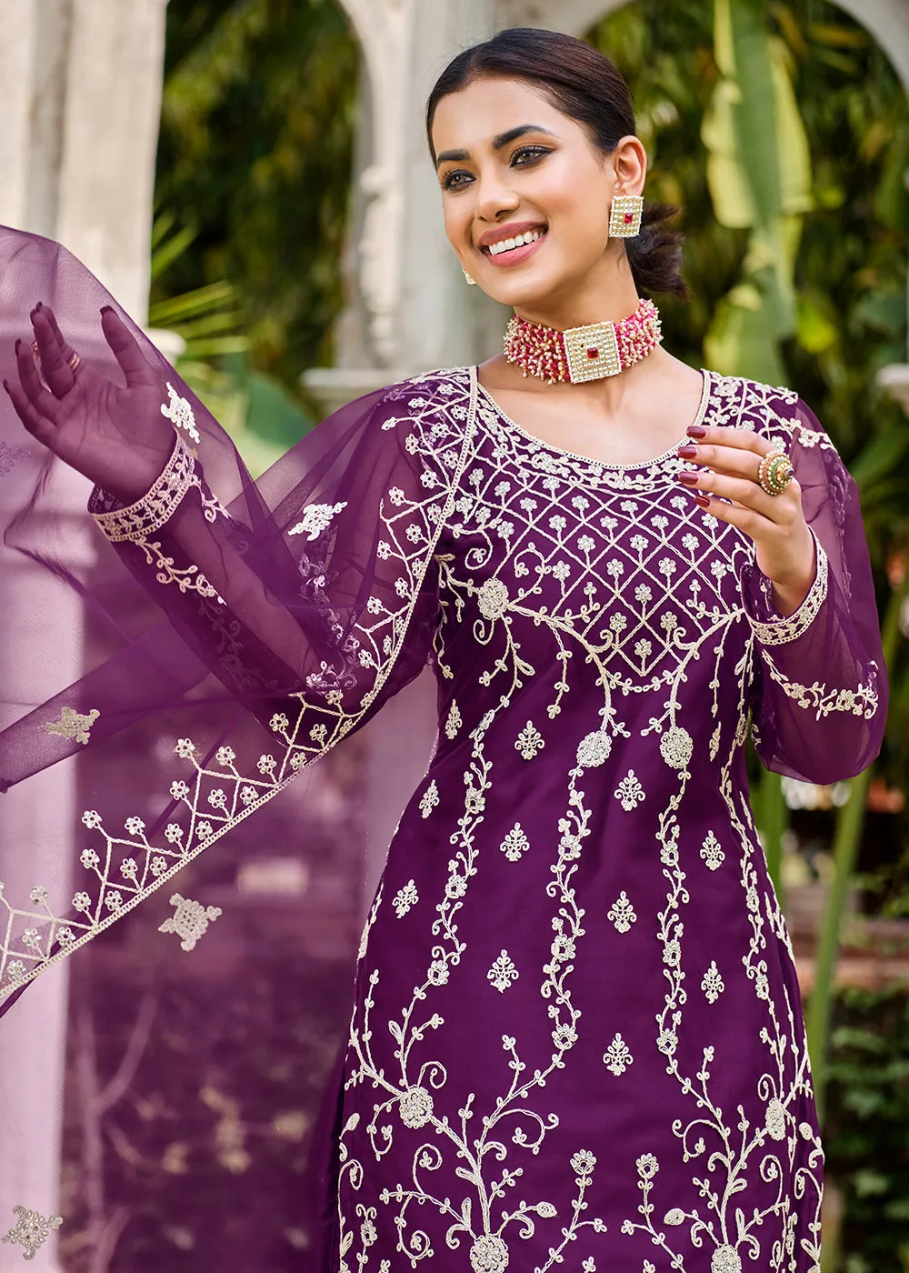 Violet Purple Stone & Cording Work Festive Palazzo Suit