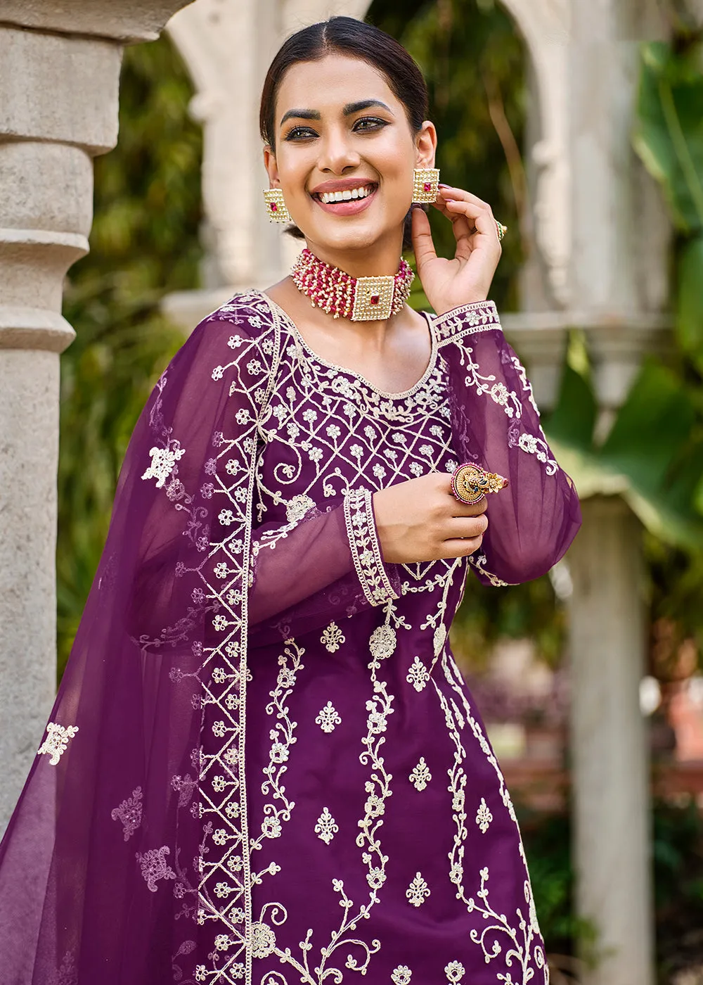 Violet Purple Stone & Cording Work Festive Palazzo Suit