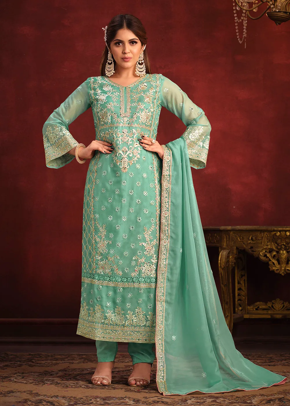 Viscose Organza Green Zari & Sequins Festive Salwar Suit