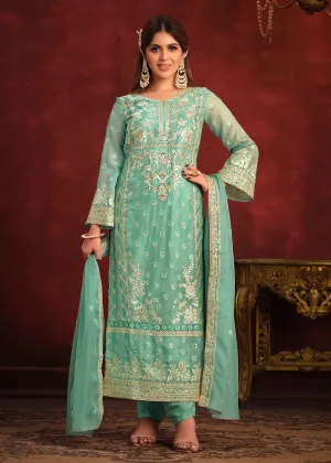 Viscose Organza Green Zari & Sequins Festive Salwar Suit