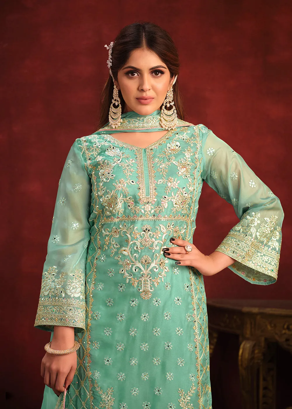 Viscose Organza Green Zari & Sequins Festive Salwar Suit