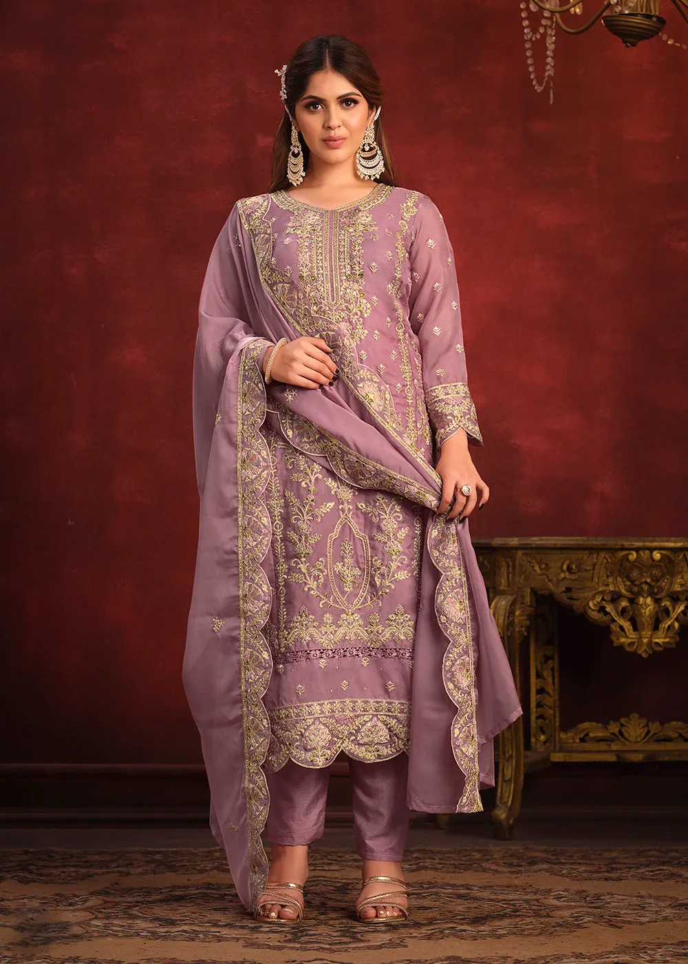 Viscose Organza Purple Zari & Sequins Festive Salwar Suit