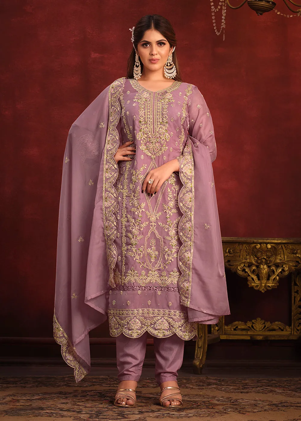 Viscose Organza Purple Zari & Sequins Festive Salwar Suit