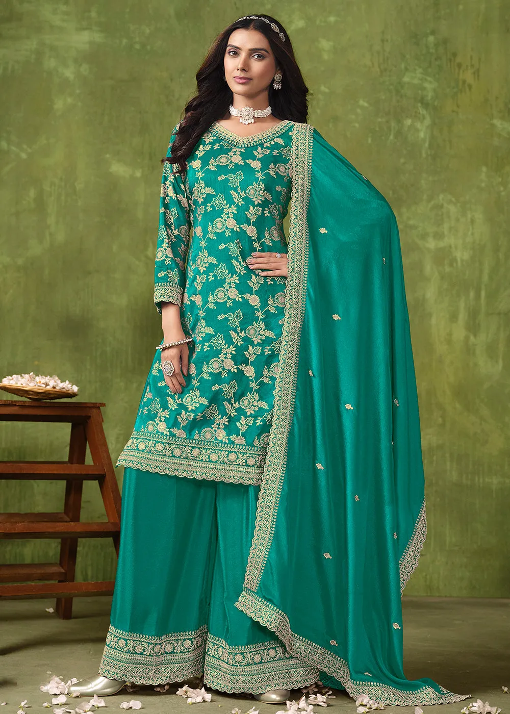 Wedding Wear Turquoise Dola Silk Jacquard Palazzo Suit