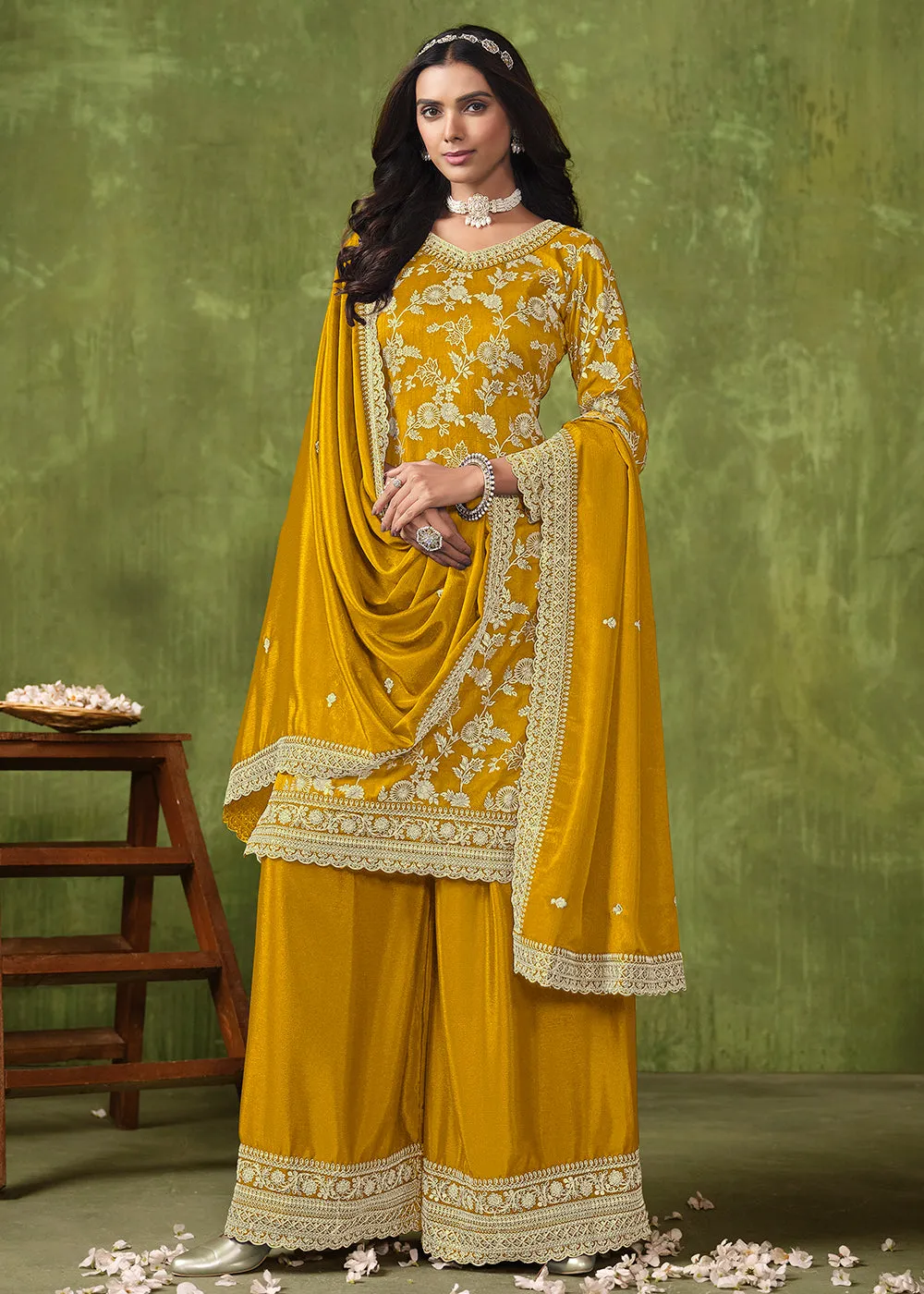 Wedding Wear Yellow Dola Silk Jacquard Palazzo Suit