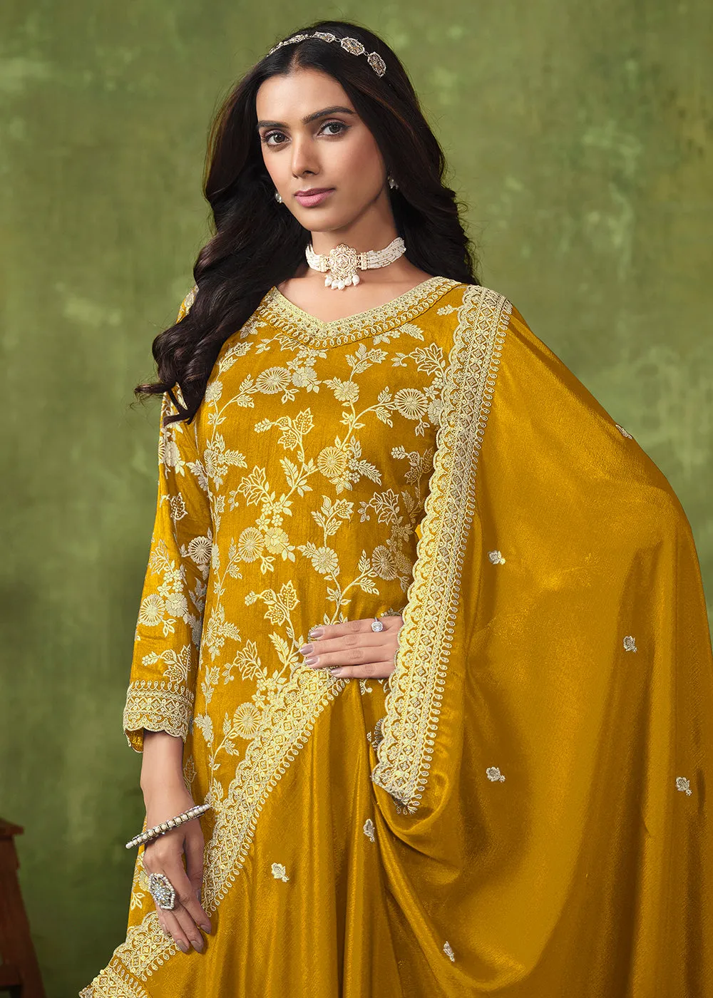 Wedding Wear Yellow Dola Silk Jacquard Palazzo Suit