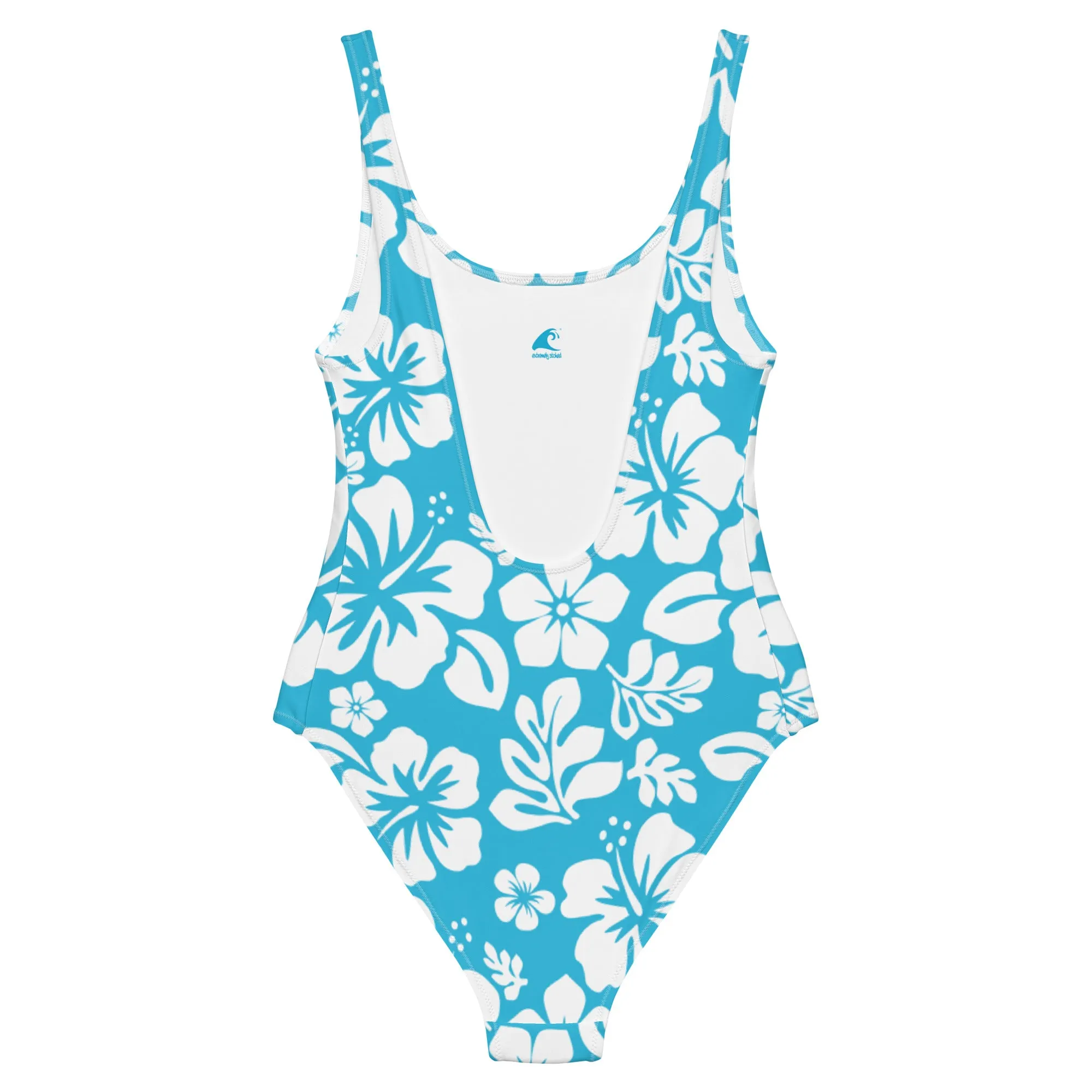 White Hawaiian Flowers on Aqua Blue One-Piece Swimsuit