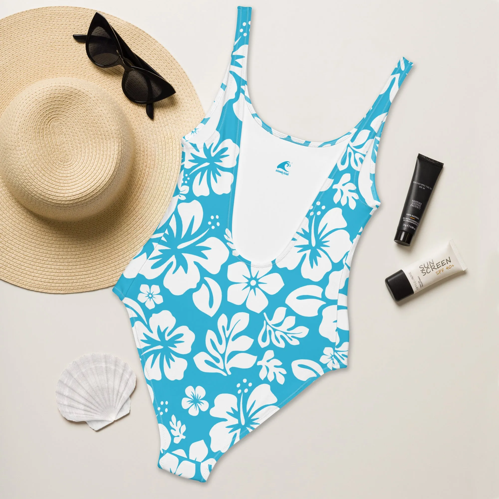 White Hawaiian Flowers on Aqua Blue One-Piece Swimsuit