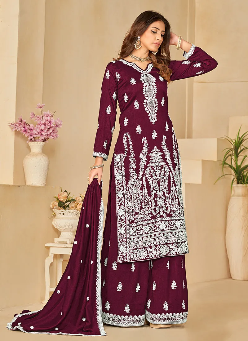 Wine Sequence Embroidery Traditional Palazzo Suit