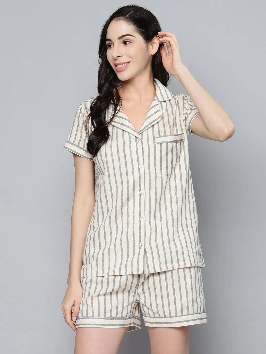 Women Grey & White Stripes Night Suit