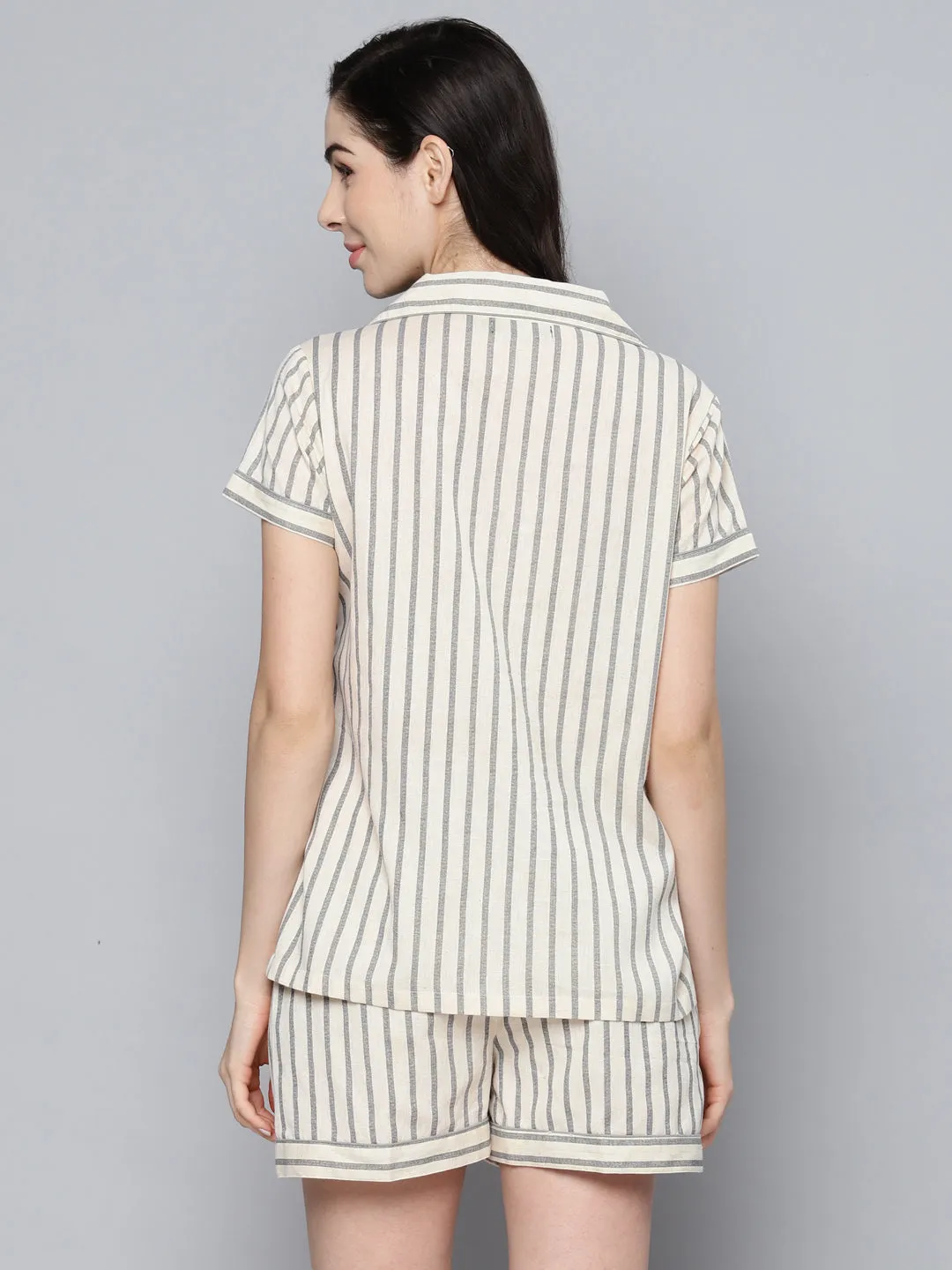 Women Grey & White Stripes Night Suit