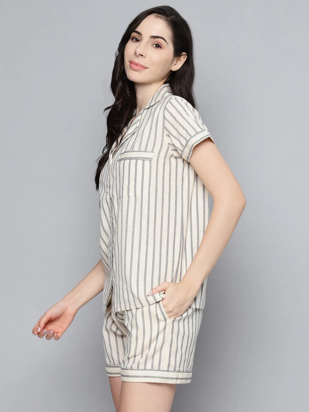 Women Grey & White Stripes Night Suit