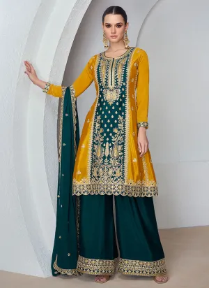 Yellow And Green Embroidered Wedding Palazzo Suit