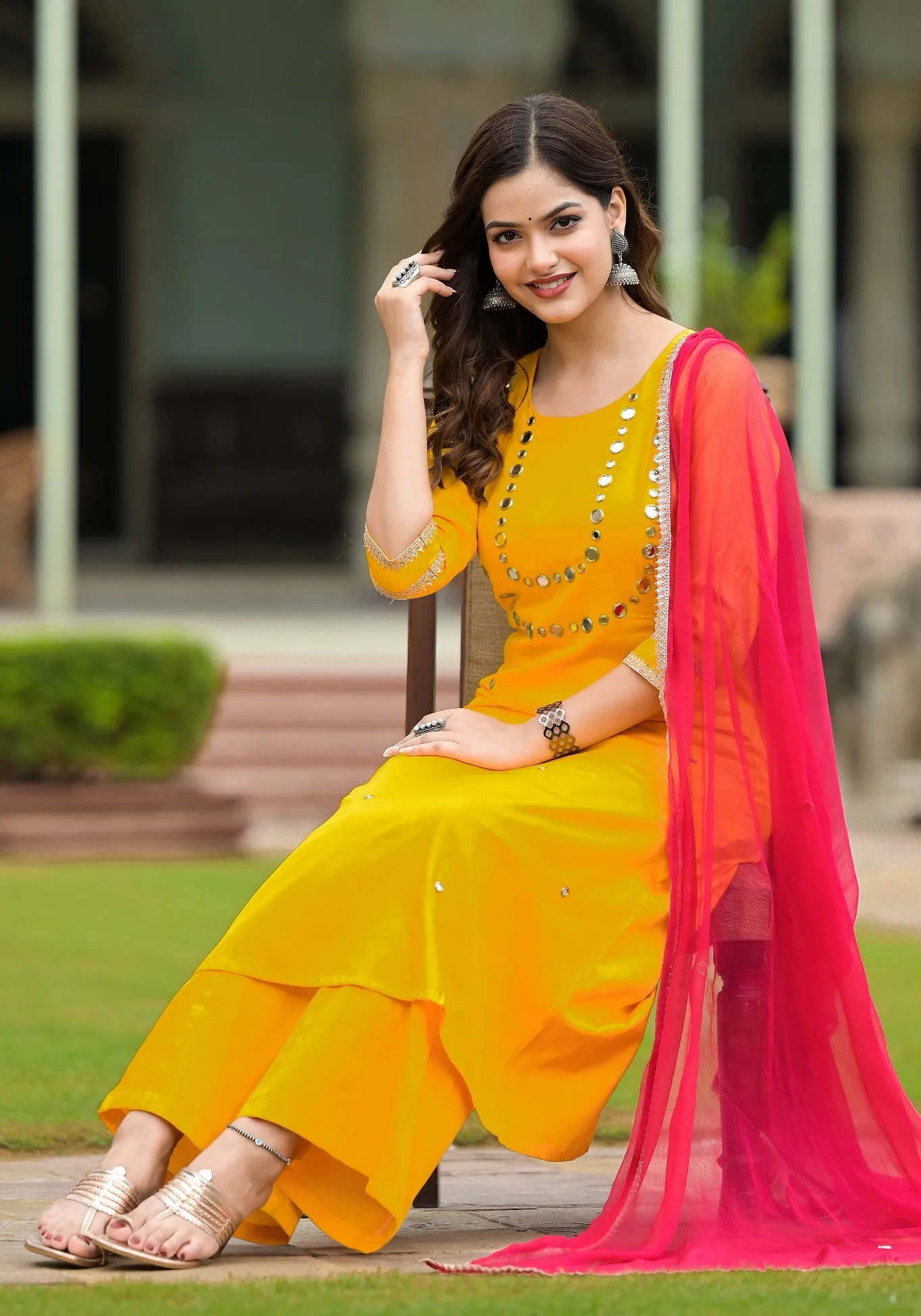 Yellow Cotton A-Line Handwork Suit  Set