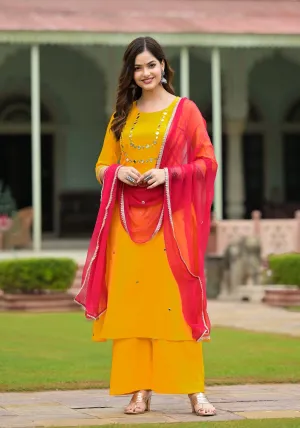 Yellow Cotton A-Line Handwork Suit  Set