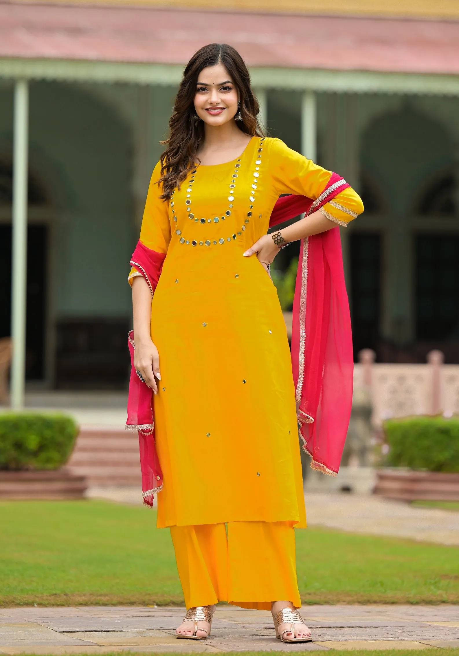 Yellow Cotton A-Line Handwork Suit  Set