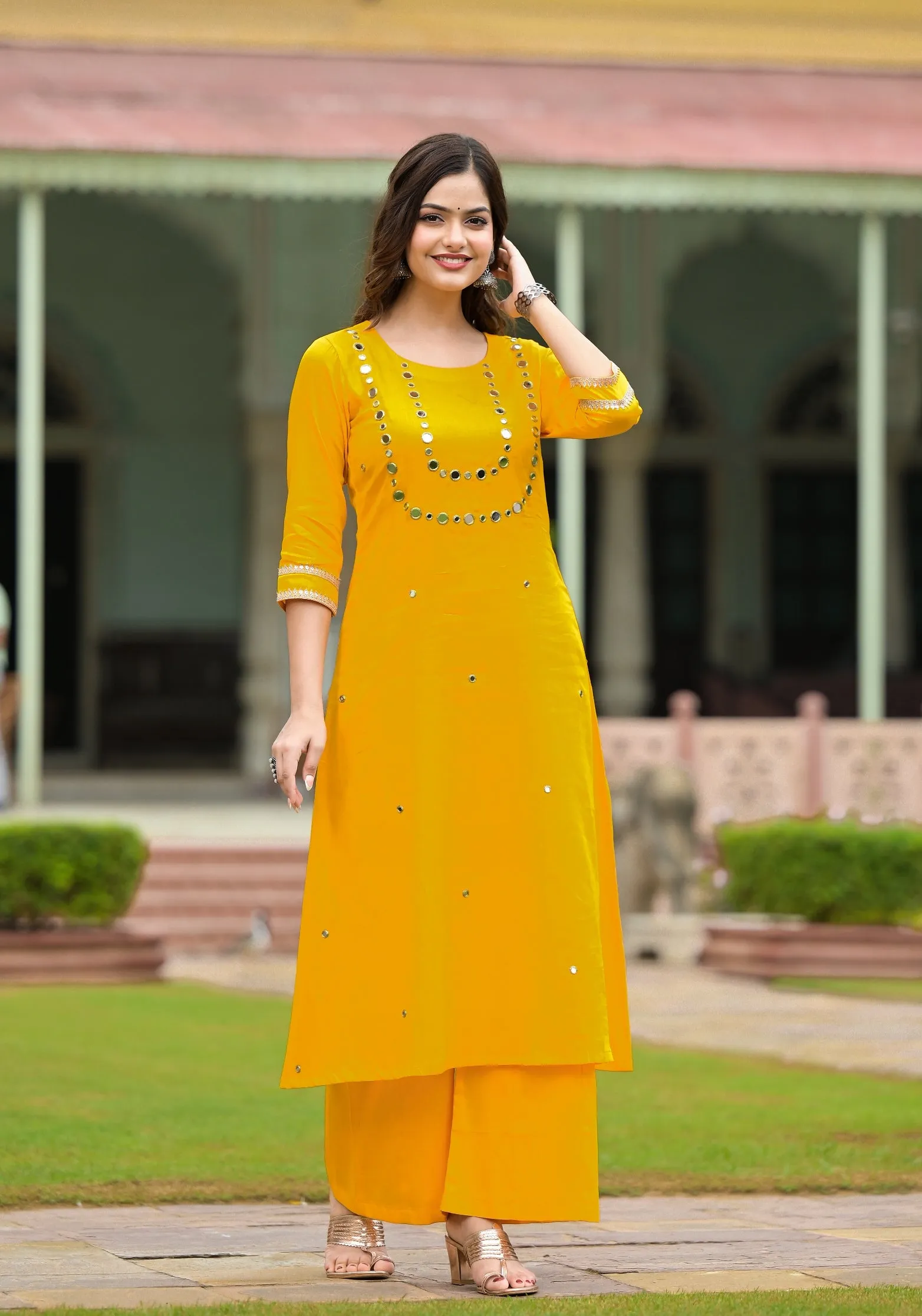 Yellow Cotton A-Line Handwork Suit  Set