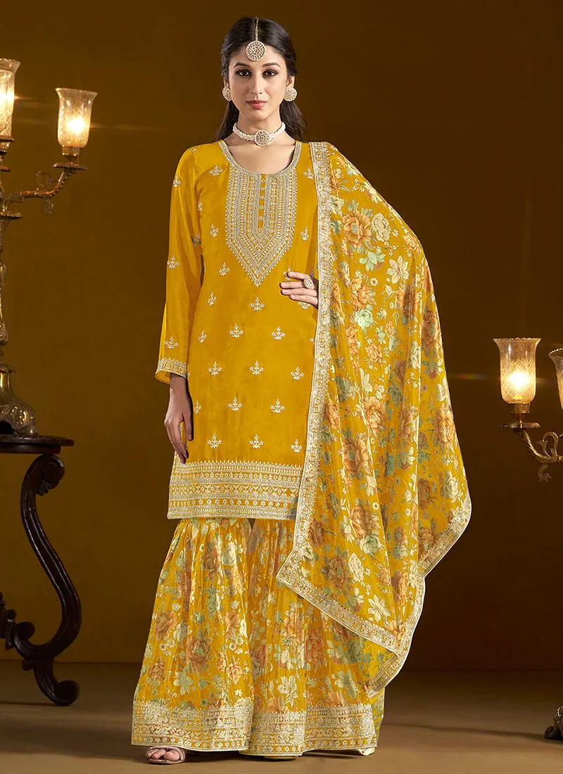 Yellow Traditional Embroidery Gharara Style Suit