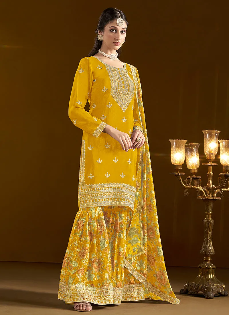 Yellow Traditional Embroidery Gharara Style Suit